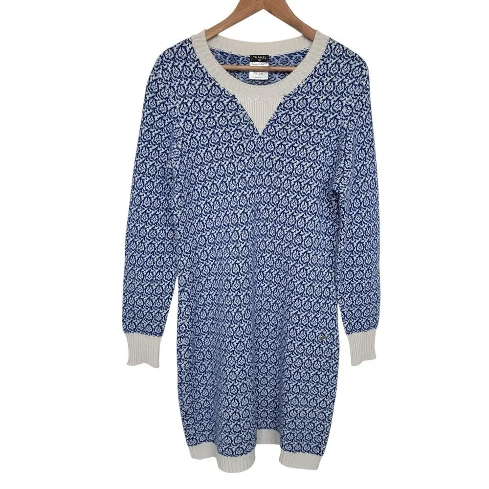 CHANEL 100% Cashmere Knit Dress Blue White Pattern Long Sleeve IT 46